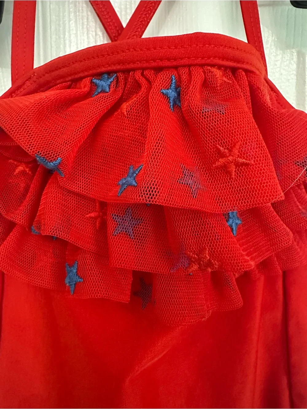 Cat & Jack Red one-piece swimsuit ruffled mesh overlay Blue Stars Sz 4T Toddler